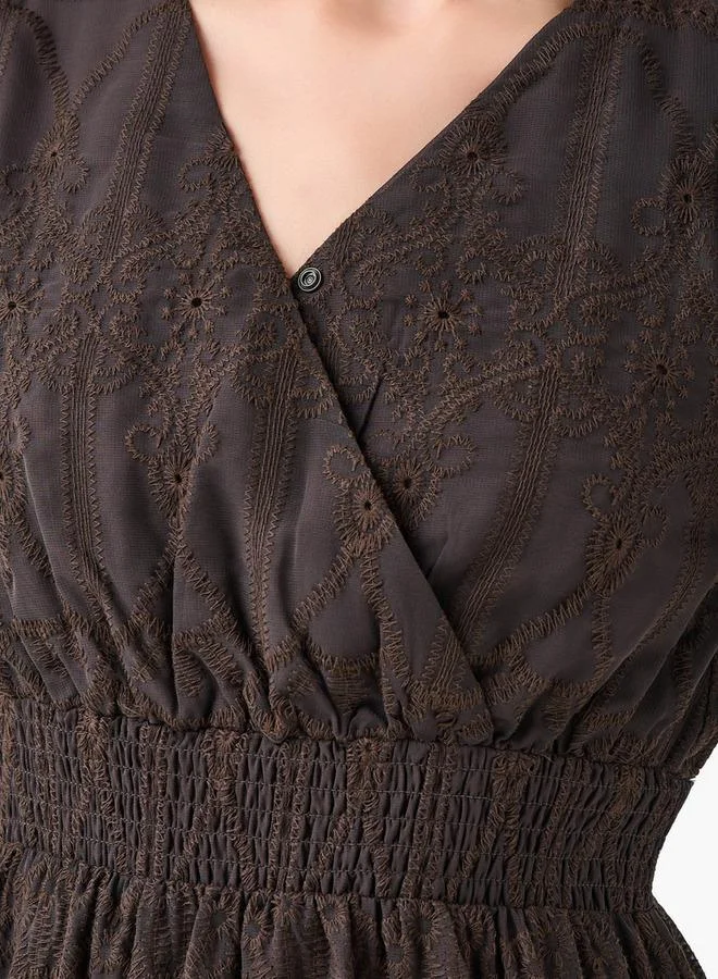 2Xtremz  2Xtremz Midi Dress with Puff Sleeves and Embroidery for Women | Best Price UAE